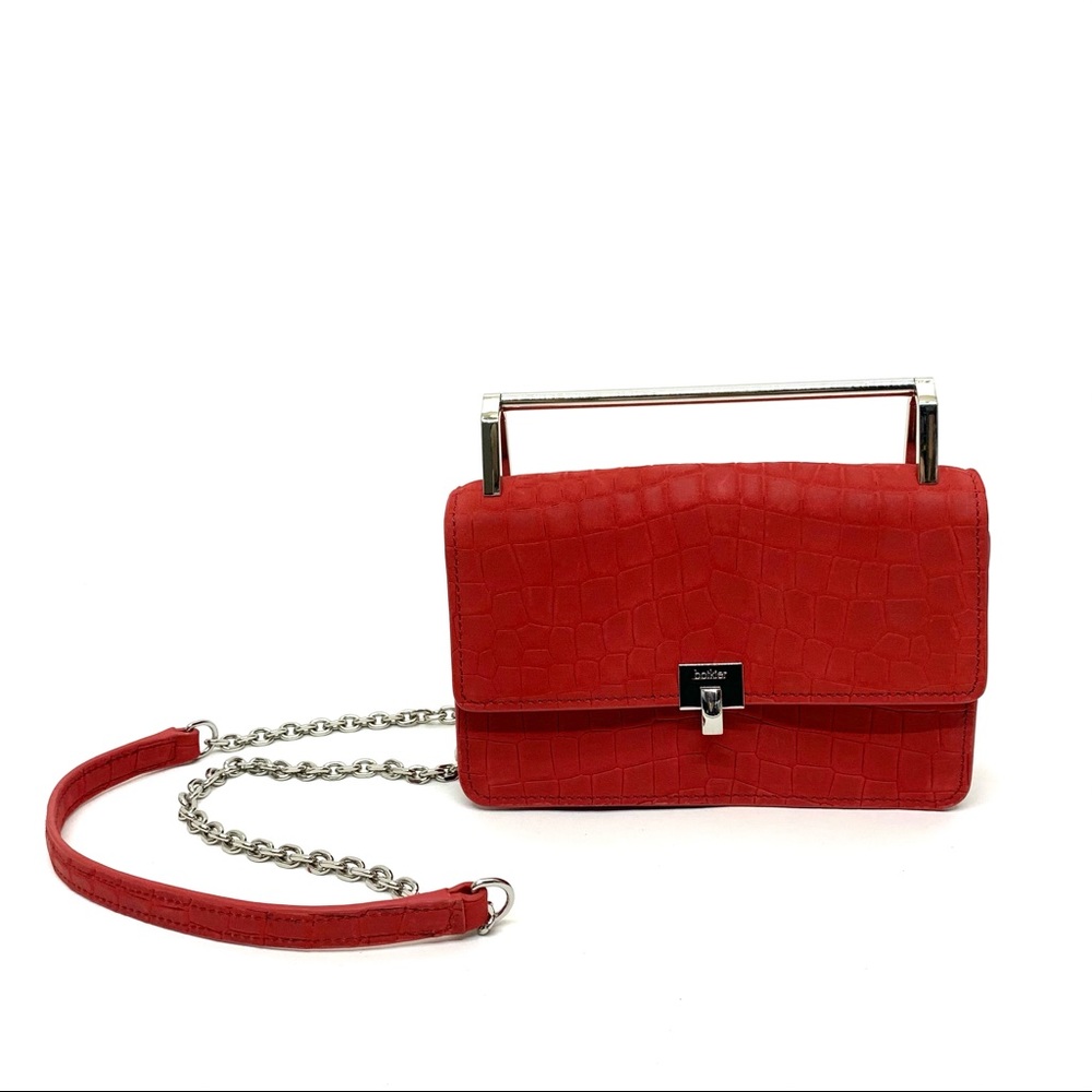 Botkier Lennox 100% Embossed Red Leather Lunchbox Turn Lock Crossbody Purse